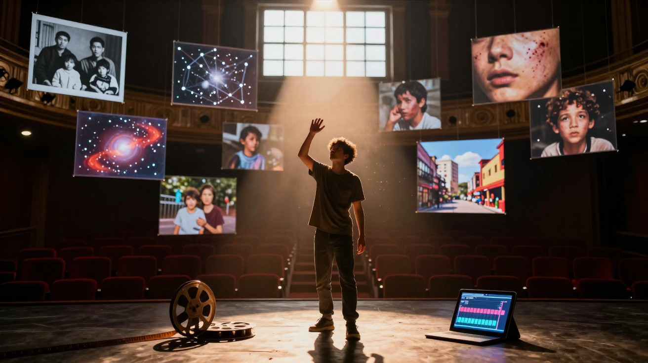 Pessoa jovem em palco iluminado, rodeada por imagens flutuantes de retratos e espaço, perante plateia vazia.