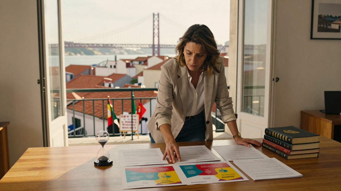 Mulher a analisar documentos numa mesa com vista para a ponte 25 de Abril em Lisboa.