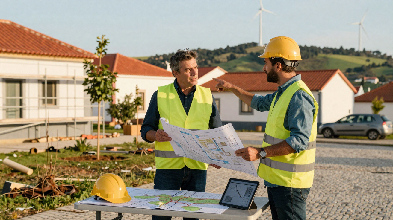 Dois engenheiros em coletes refletores discutem plantas numa obra de habitação com turbinas eólicas ao fundo.