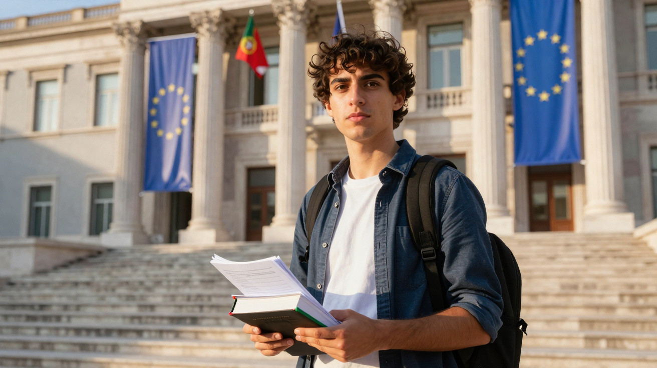 Jovem estudante com mochila e livros na mão em frente a prédio governamental com bandeiras de Portugal e UE.