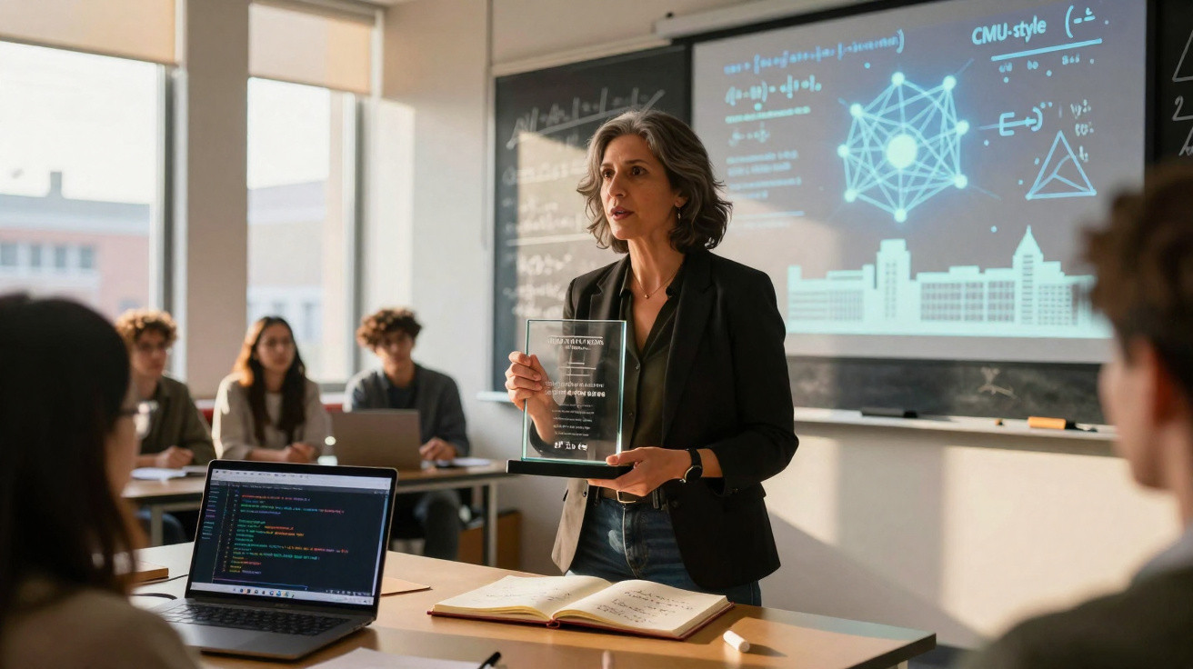 Professora apresenta prémio em sala de aula com estudantes e quadro projetando fórmulas e gráficos matemáticos.