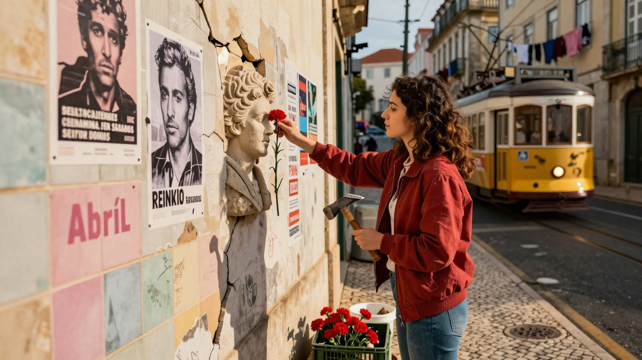 Mulher coloca cravo vermelho em busto de poeta numa rua de Lisboa com elétrico amarelo ao fundo.