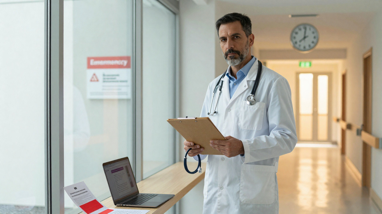 Médico com bata branca e estetoscópio na sala de hospital junto a computador portátil.