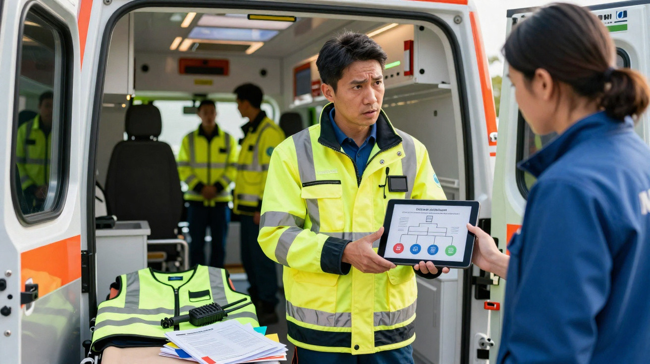 Dois profissionais de emergência em coletes refletores discutem dados numa viatura de ambulância.