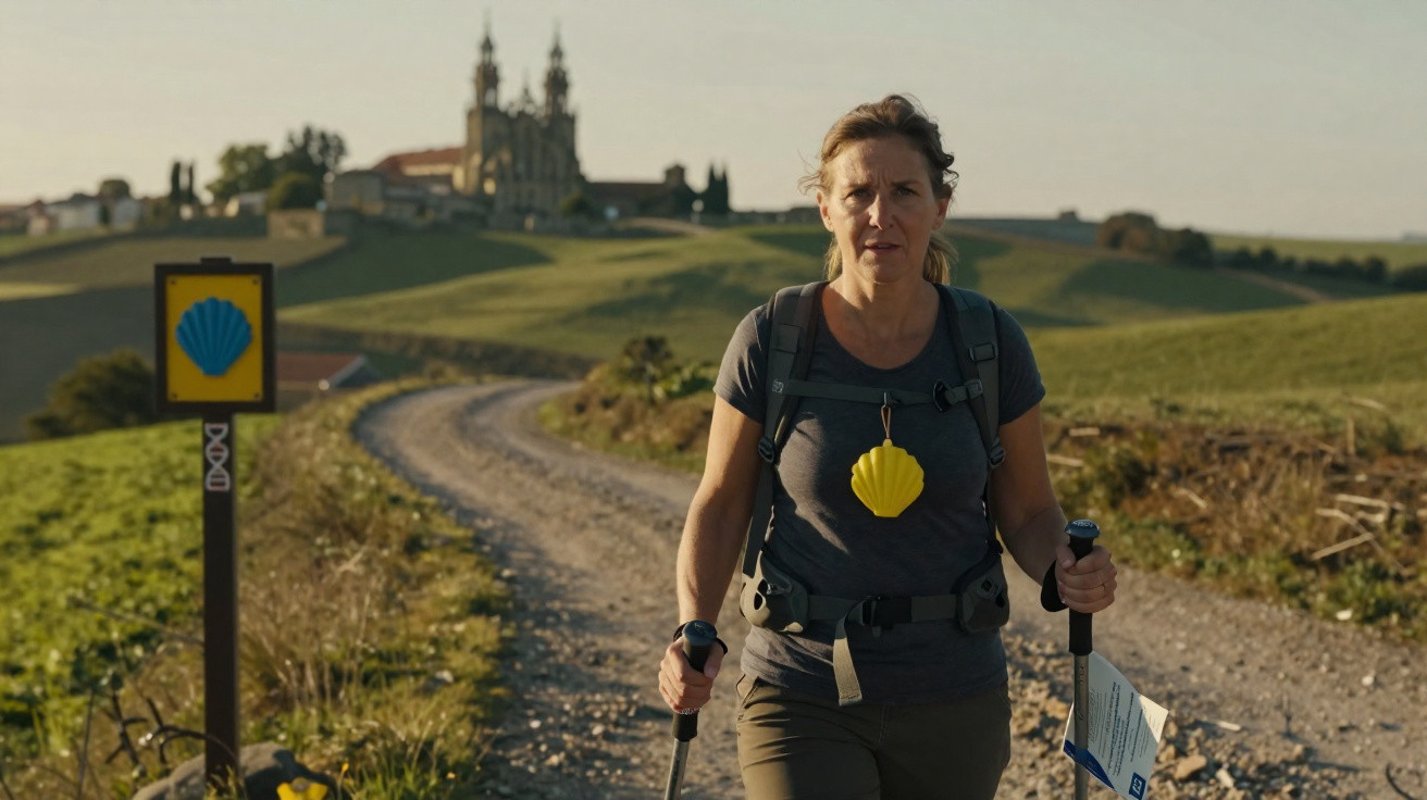 Mulher a caminhar com mochila e bastões numa estrada rural, com a Catedral de Santiago ao fundo.