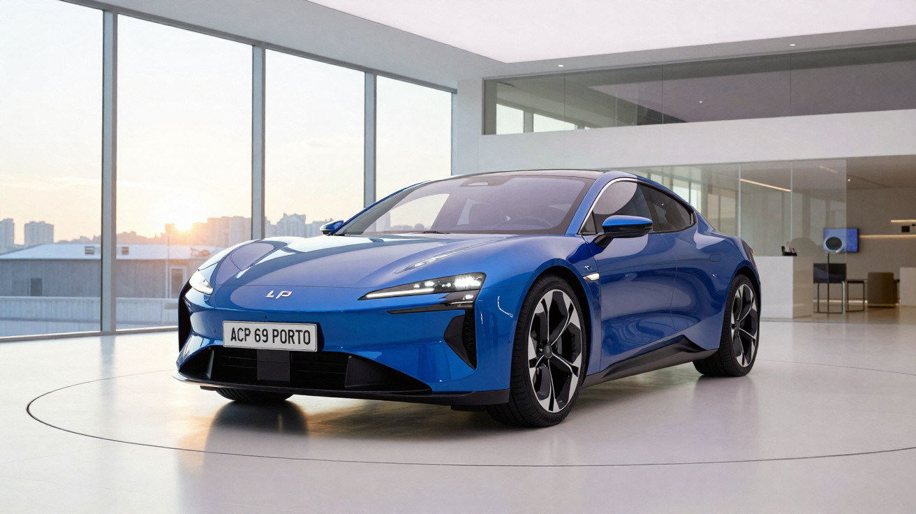 Automóvel desportivo elétrico azul num showroom moderno com grandes janelas e vista para a cidade ao pôr do sol.