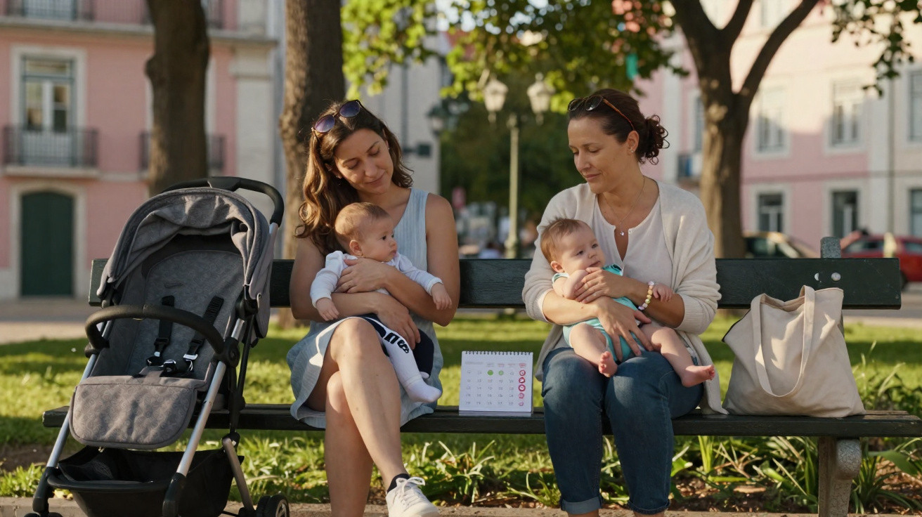 Duas mulheres sentadas num banco de parque a embalar bebés no colo, com carrinho e sacola ao lado.