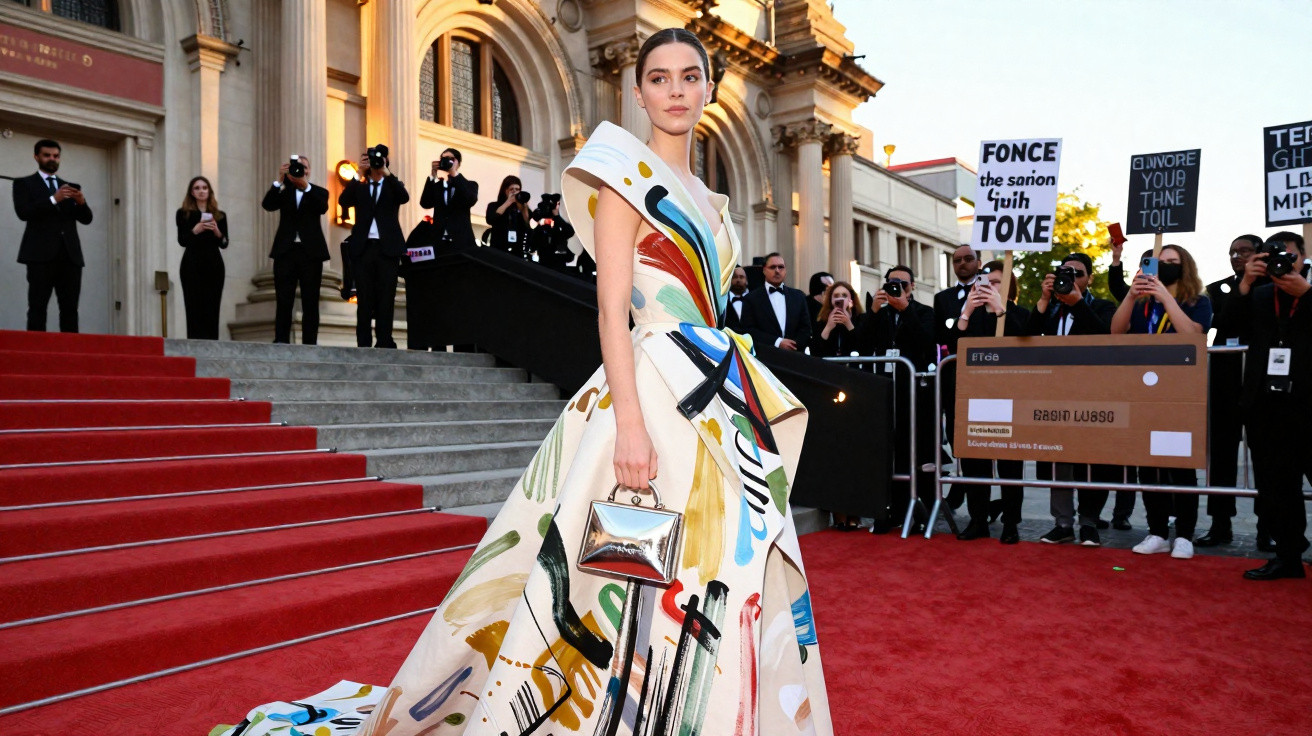 Mulher elegante em vestido branco com padrão colorido posa no tapete vermelho em evento formal ao ar livre.