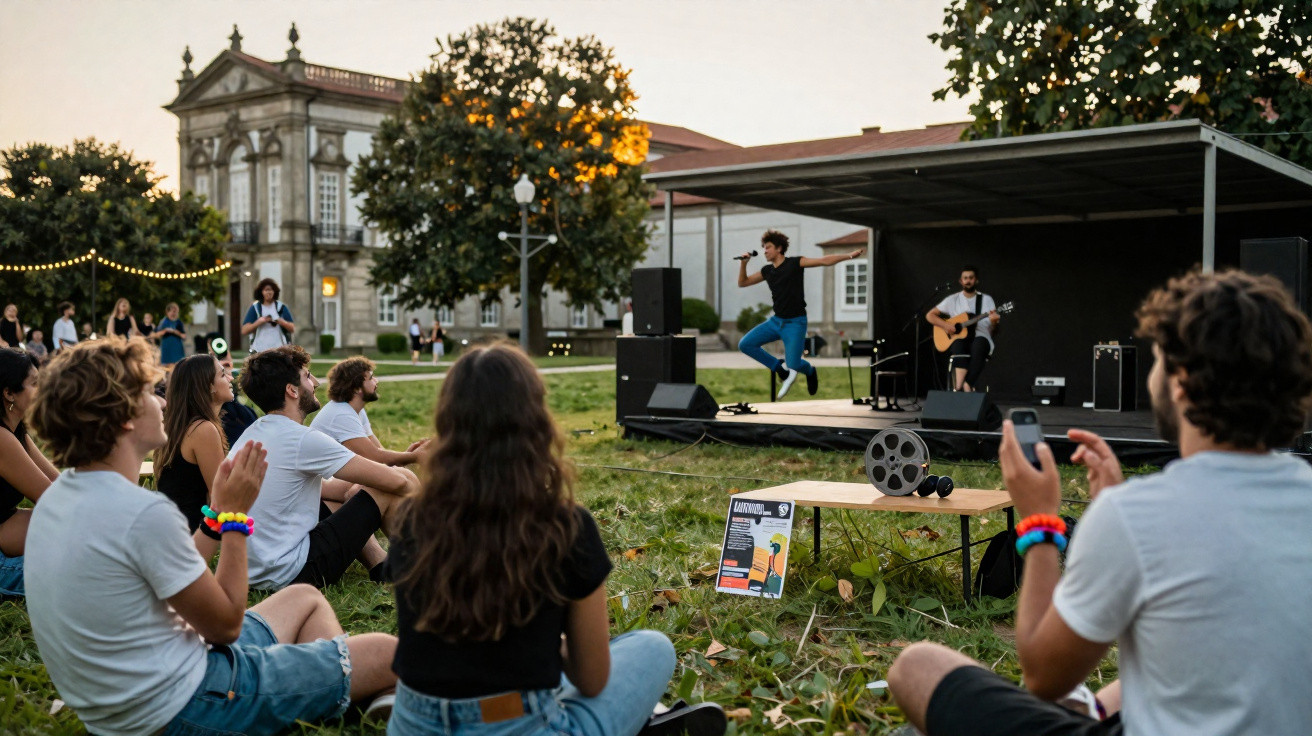 Grupo de pessoas sentadas na relva a assistir a concerto ao ar livre num espaço com edifício histórico ao fundo.