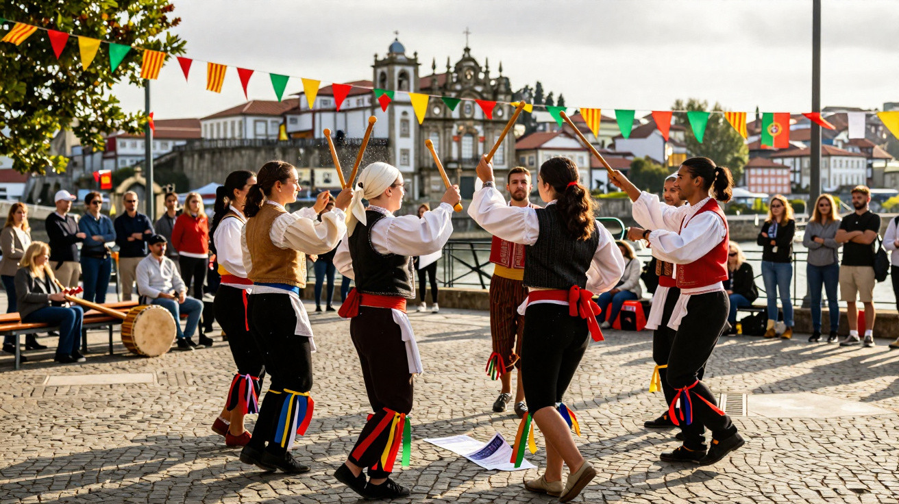 Grupo de pessoas em traje tradicional a dançar e tocar paus num evento ao ar livre numa praça junto a um rio.