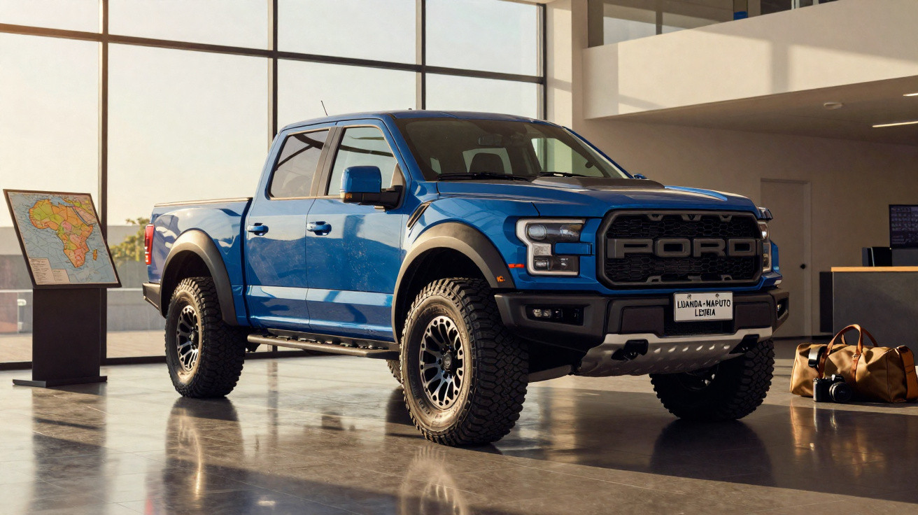 Ford Raptor azul estacionado em espaço interior com grandes janelas e mapa de África ao lado.