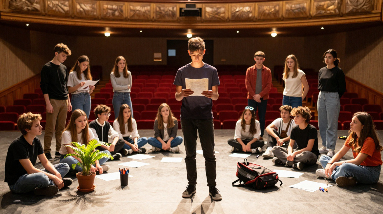 Grupo de jovens a ensaiar uma peça de teatro num palco, um rapaz em pé a ler um texto, os outros sentados.