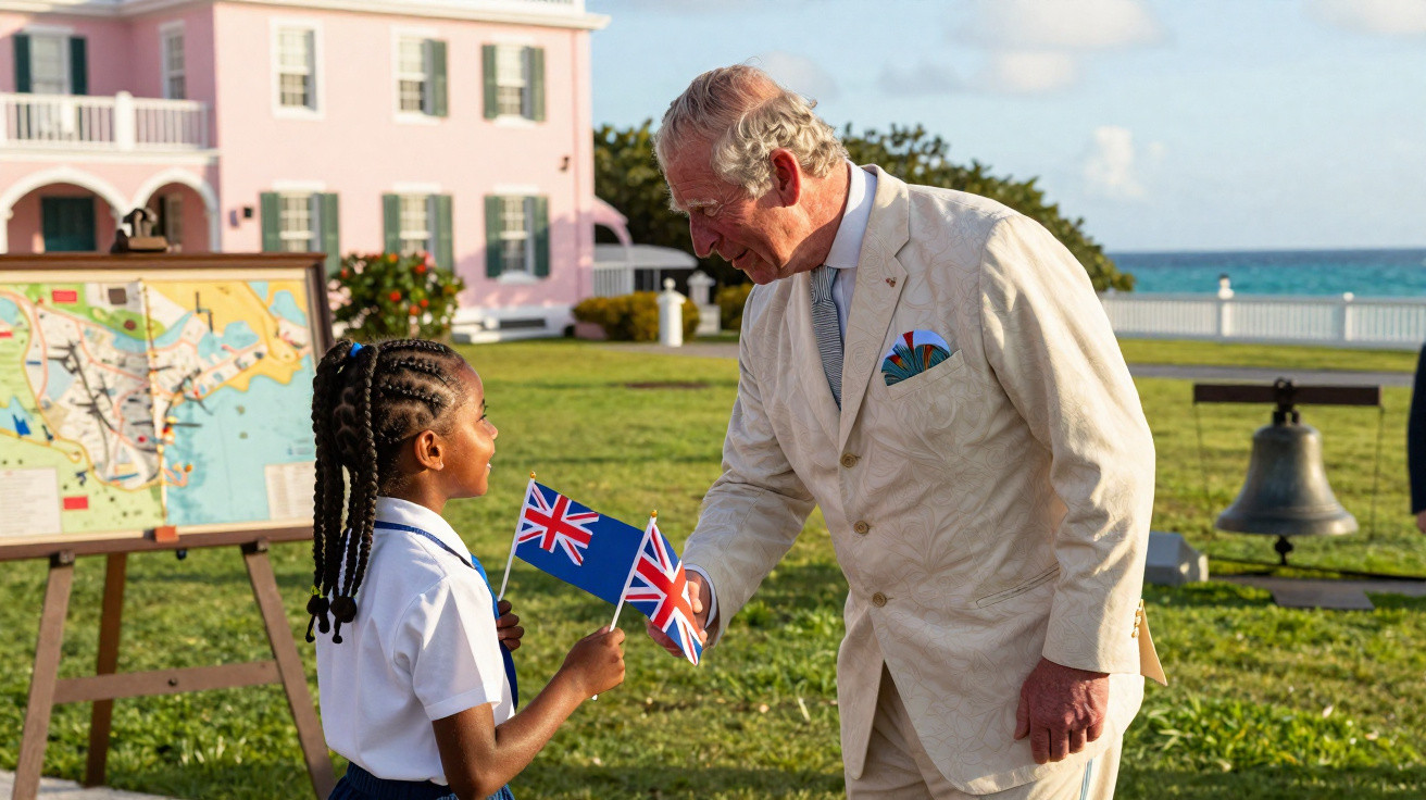 Homem mais velho de fato claro cumprimenta menina com duas bandeiras britânicas num jardim com mapa e campainha.