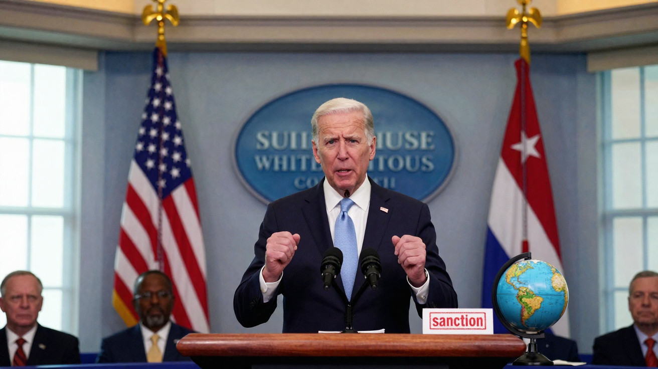 Joe Biden a discursar na Casa Branca com bandeiras dos EUA e Cuba atrás e um globo terrestre na mesa.