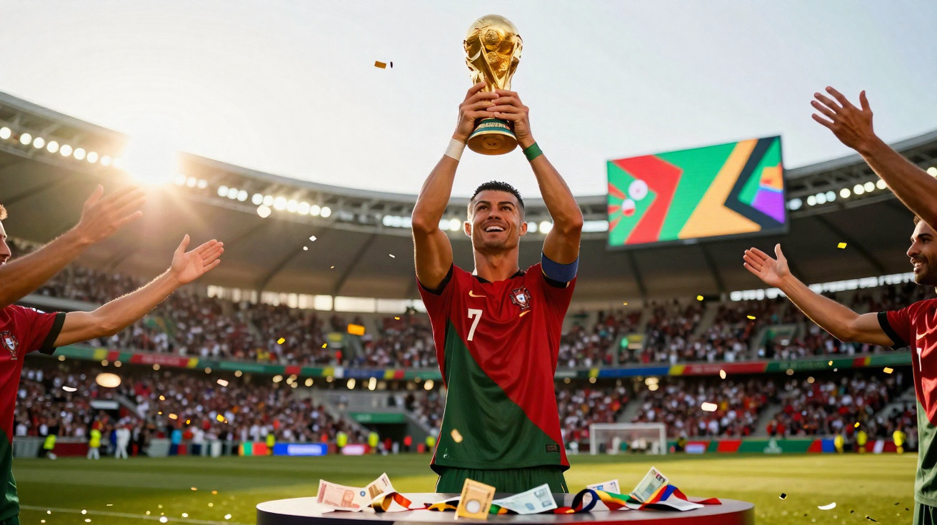 Jogador português Cristiano Ronaldo levanta o troféu da Taça do Mundo num estádio cheio de espectadores.
