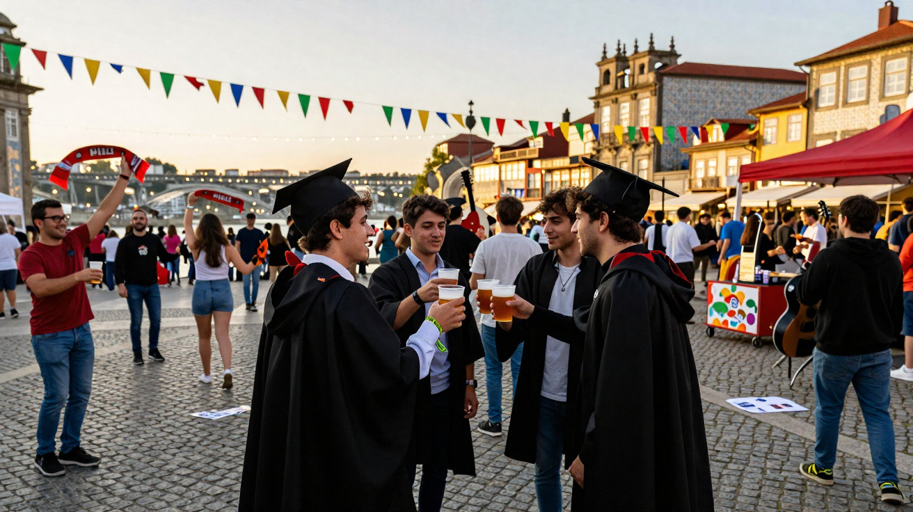 Jovens trajados com capas e chapéus académicos brindam com copos de cerveja numa festa ao ar livre.