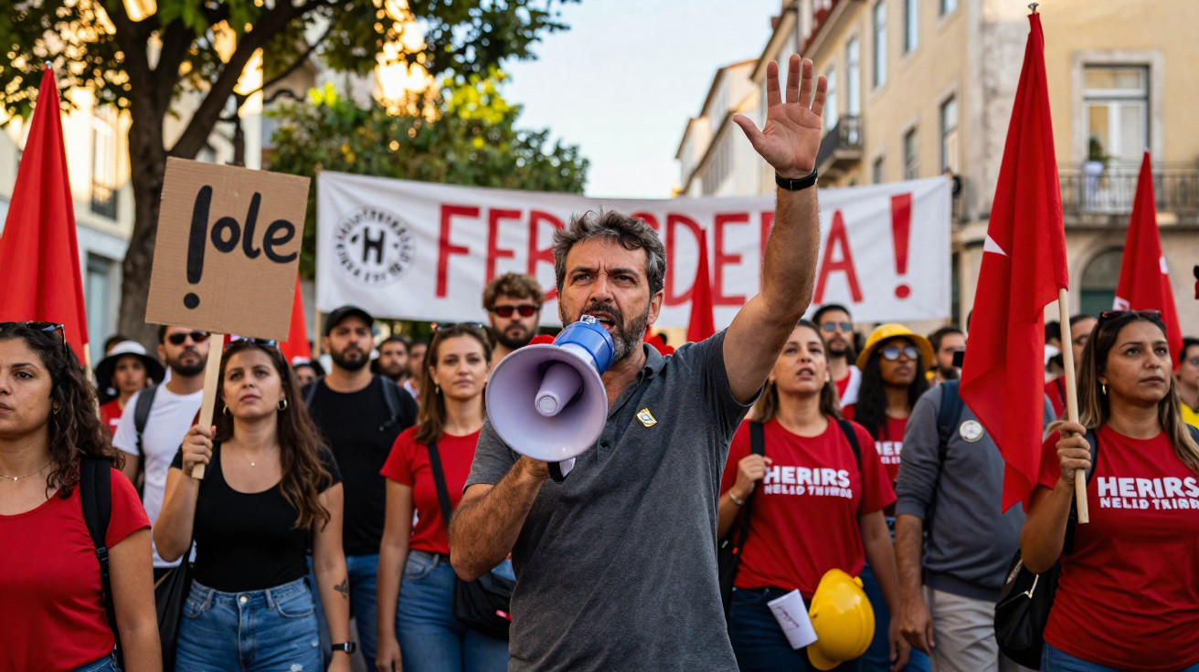 Manifestantes com bandeiras vermelhas participam numa marcha, com homem a falar num megafone em destaque.