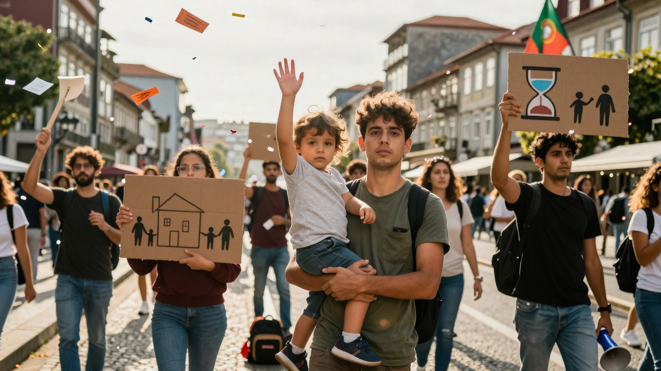 Manifestantes numa rua de cidade, com placas de cartolina e criança ao colo, participando em protesto pacífico.