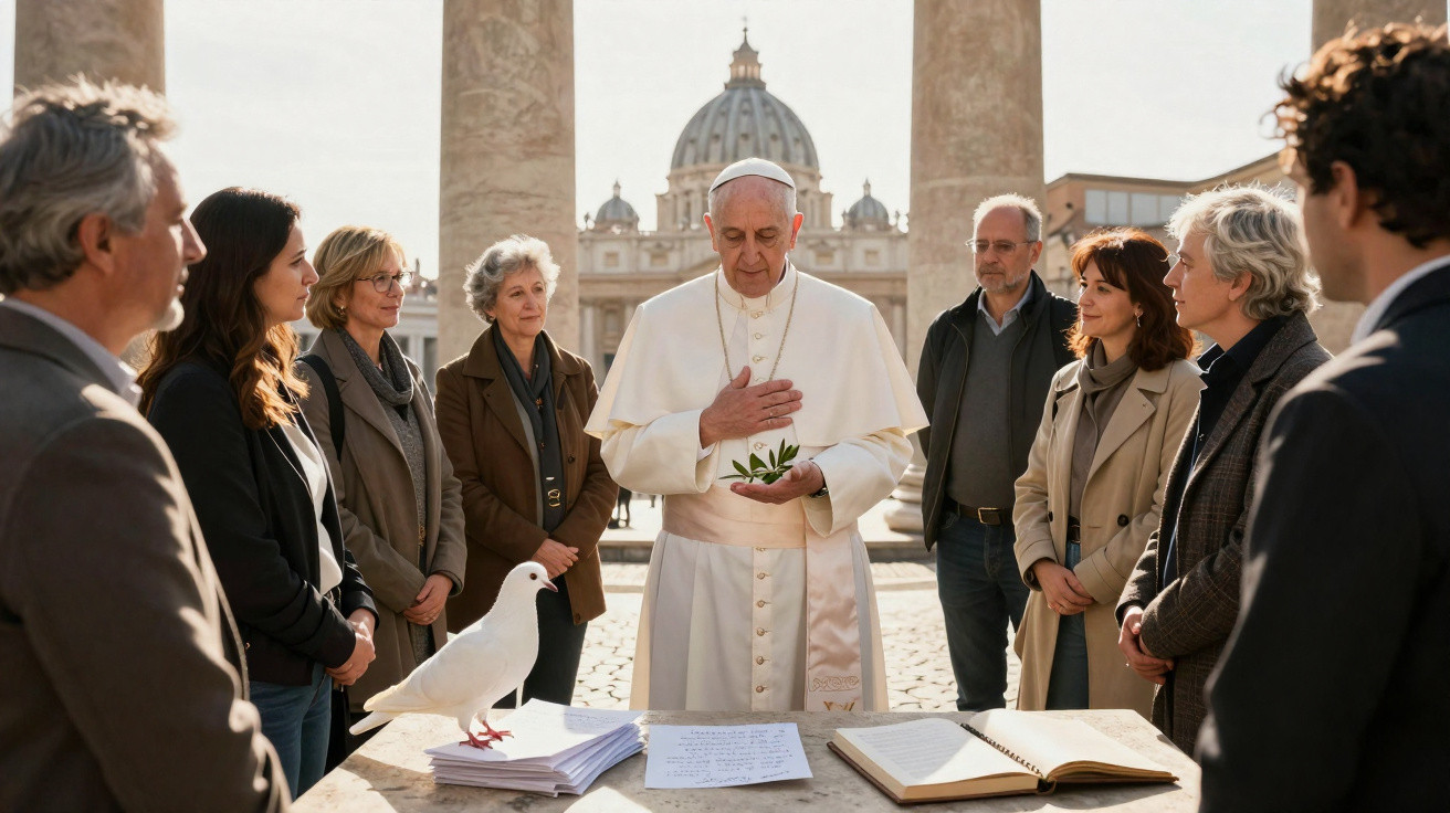 Papa com grupo de pessoas em cerimónia ao ar livre na Praça de São Pedro, Vaticano, com pomba branca.