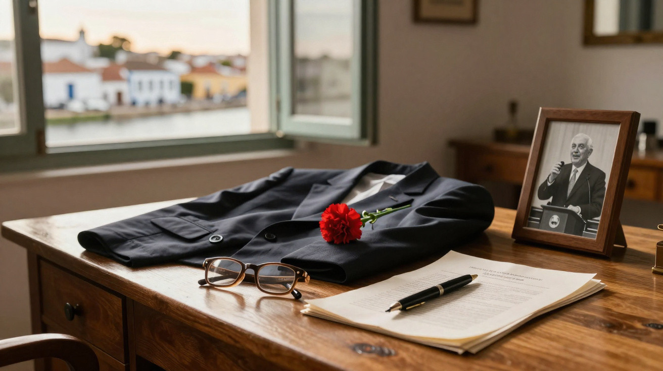 Blazer preto sobre mesa de madeira com cravo vermelho, óculos, papel com caneta e fotografia a preto e branco.
