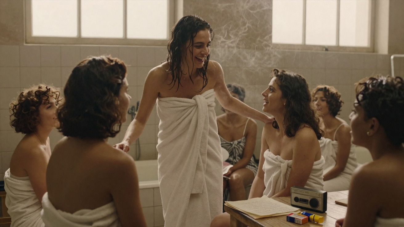 Grupo de mulheres com toalhas numa sauna, conversando e sorrindo num ambiente acolhedor.