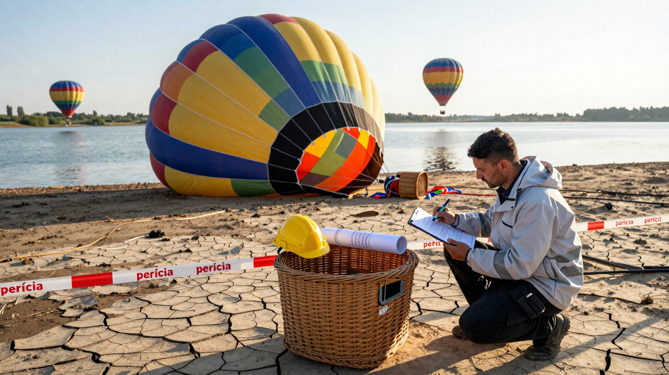 Homem a apontar notas junto a balão de ar quente desinflado numa zona vedada perto de lago.