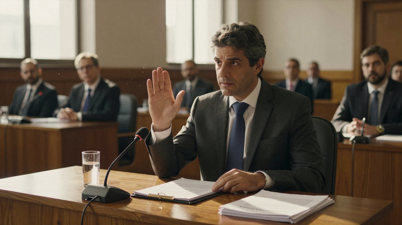 Homem de fato levanta a mão em tribunal durante depoimento, com documentos e microfone na mesa.