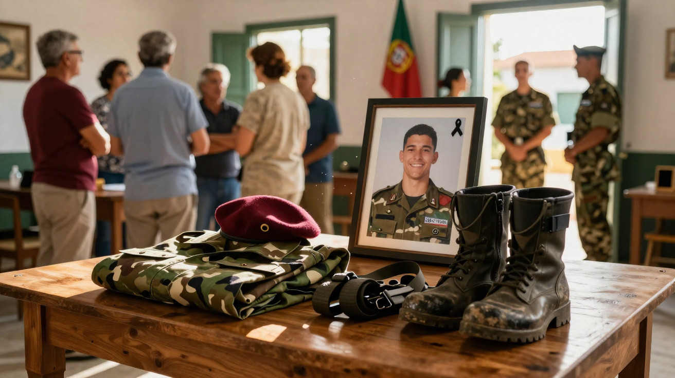 Homenagem a soldado falecido com fotografia, farda, botas militares e boina numa mesa, pessoas ao fundo.