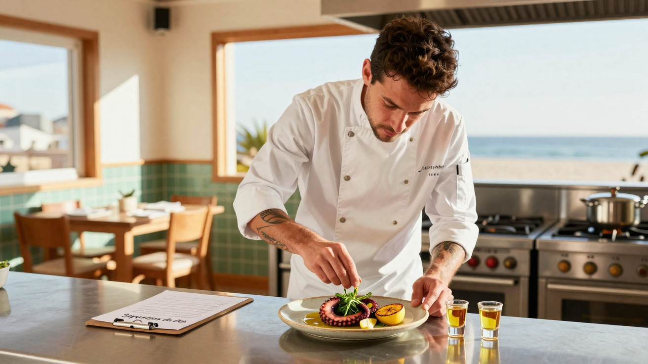 Chef a decorar prato com tentáculo de polvo numa cozinha com vista para o mar.