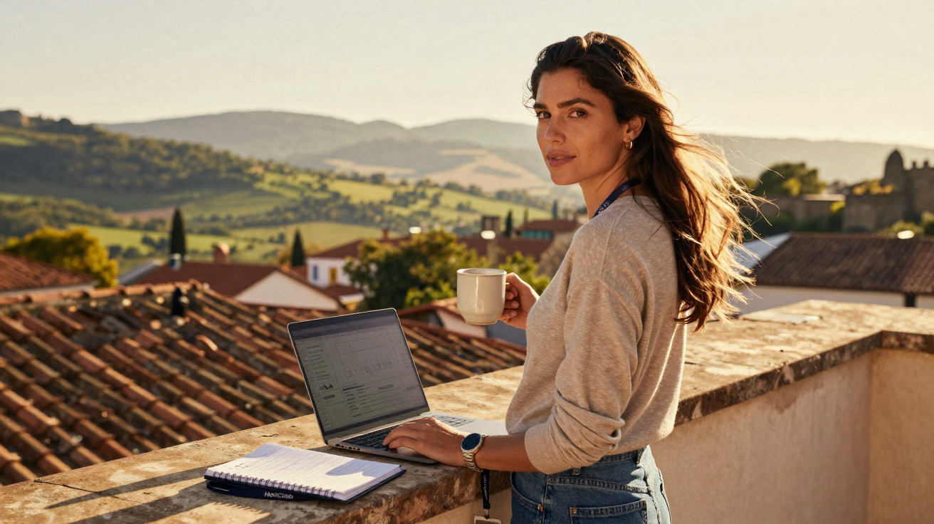 Mulher jovem trabalha num portátil num terraço com vista para telhados e colinas ao pôr do sol.