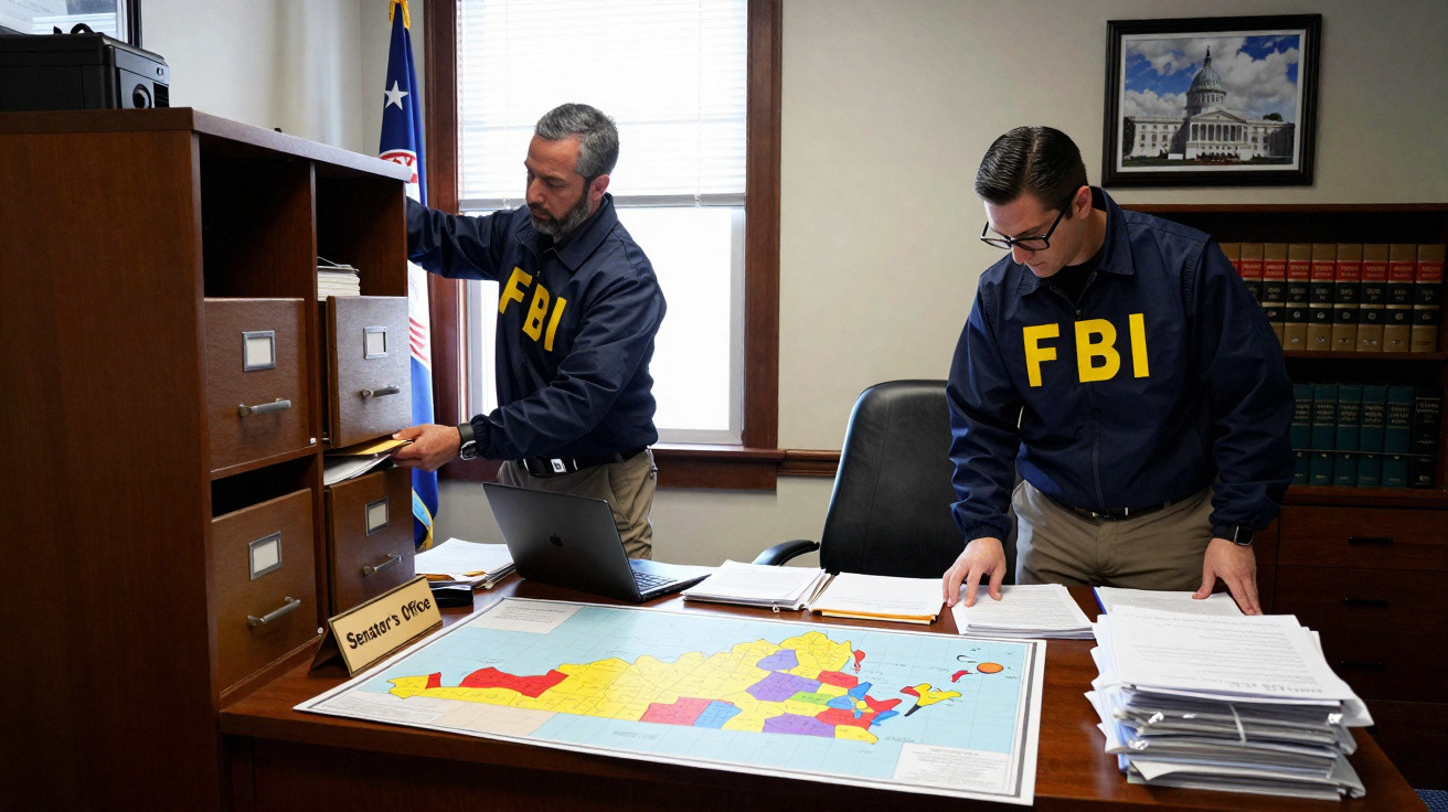 Dois agentes do FBI em escritório a analisar documentos e um mapa, com estantes e bandeira ao fundo.