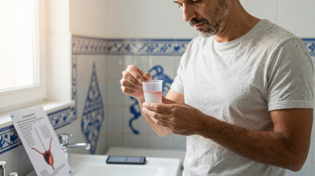 Homem a preparar um comprimido num copo de água numa casa de banho com azulejos tradicionais portugueses.