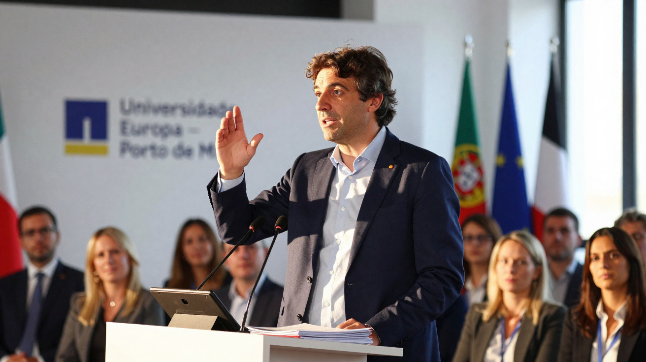 Homem a discursar num evento formal na Universidade Europeia – Porto de Mós, com público atento ao fundo.