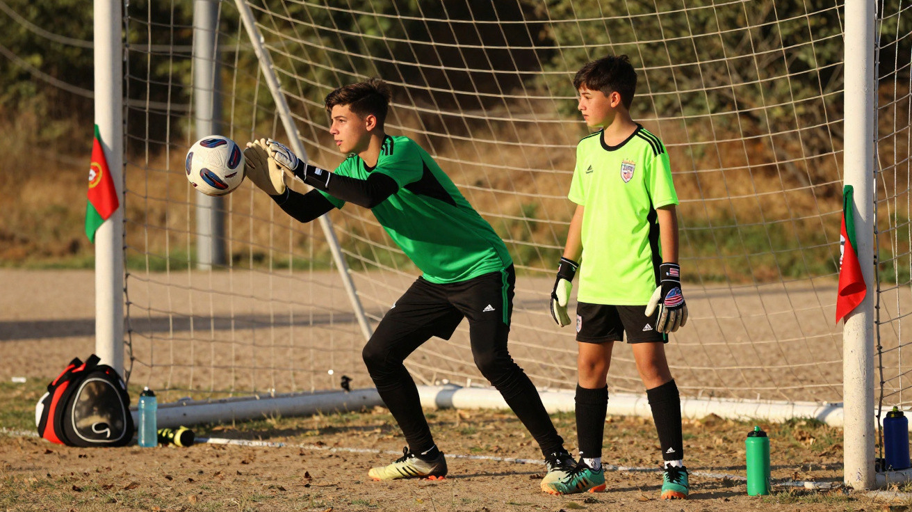 Dois jovens guarda-redes de futebol a treinar na baliza, um a agarrar a bola e outro a observar.