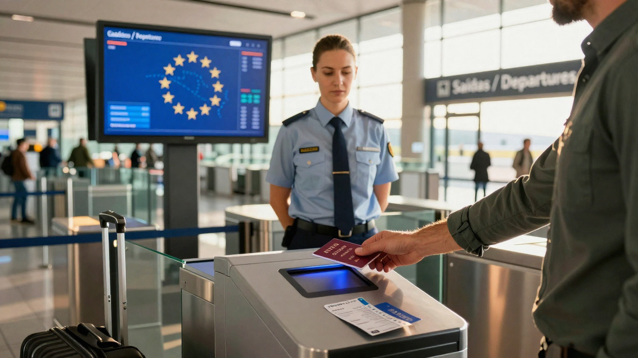 Passageiro a passar cartão de embarque e passaporte enquanto segurança observa no controlo de acesso do aeroporto.