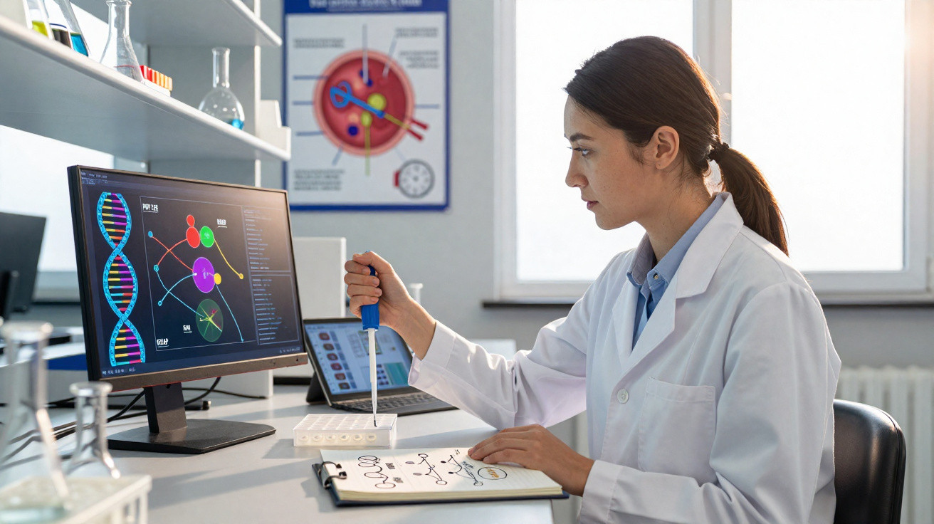 Cientista em laboratório a usar pipeta, com monitor a mostrar gráficos de DNA e tabela científica à frente.
