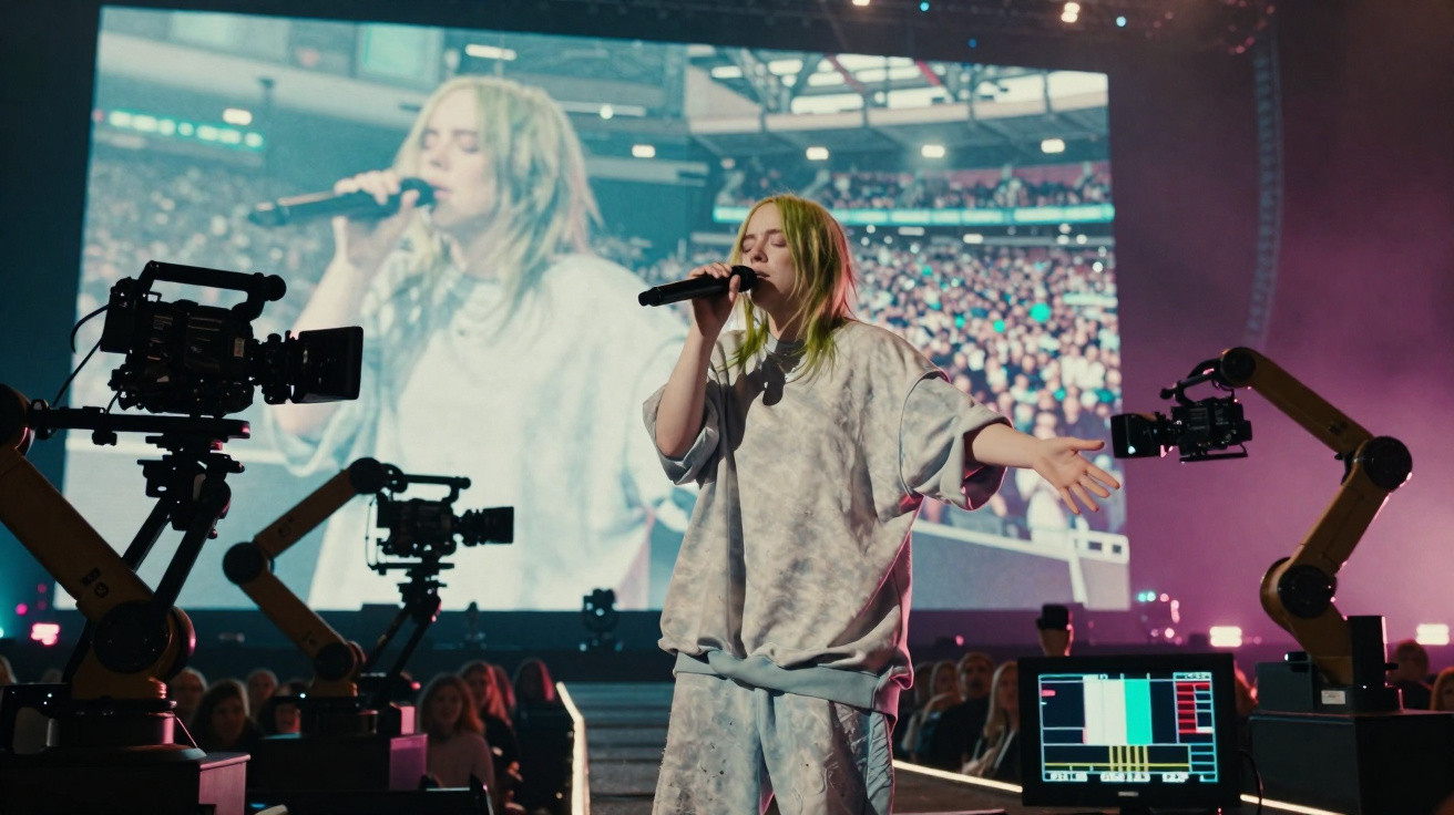 Cantora em palco com microfone, rodeada de câmaras e ecrã gigante a transmitir a sua imagem.