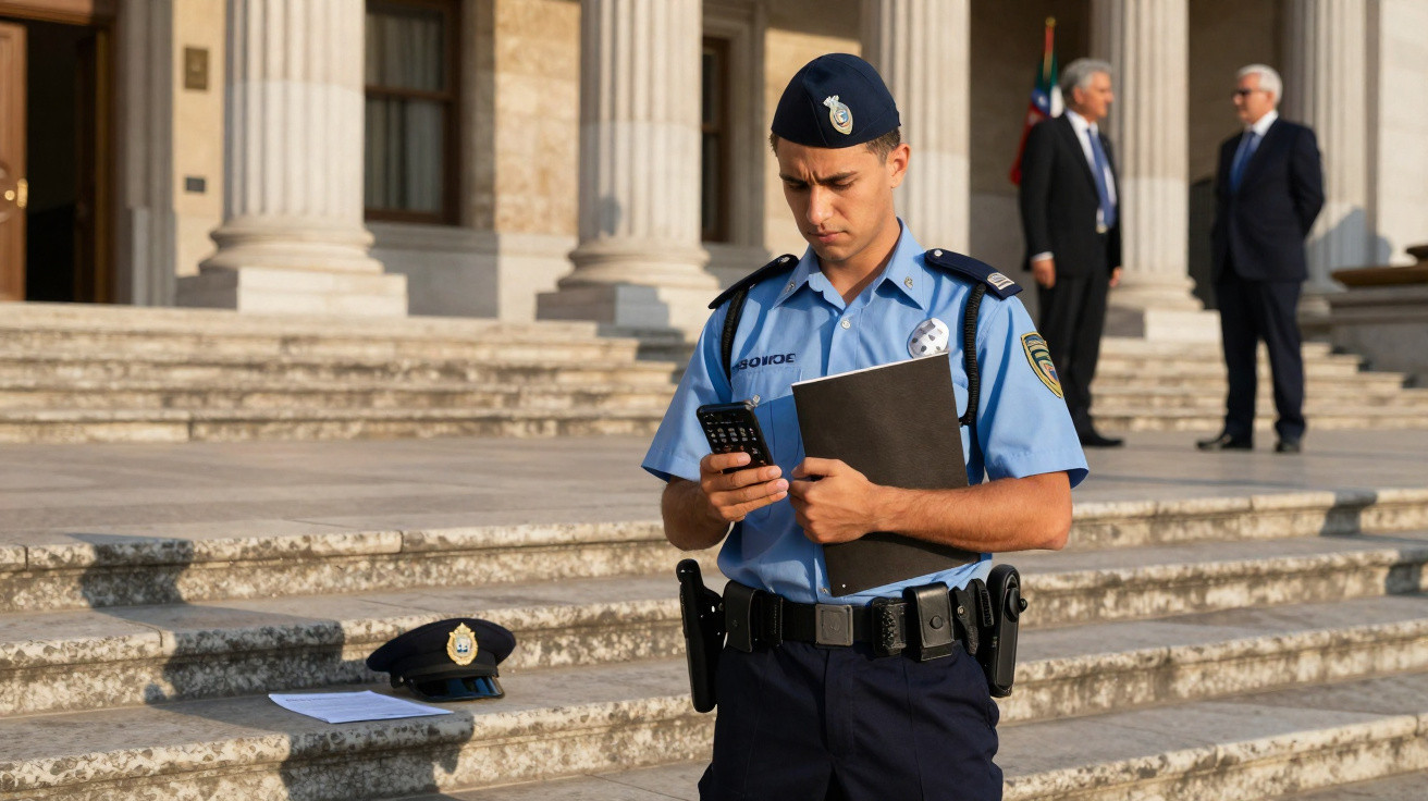 Polícia em uniforme azul segurando pasta e telemóvel em escadaria diante de edifício oficial com colunas.