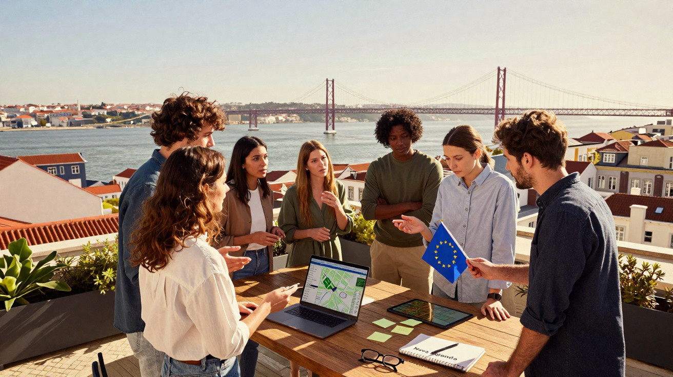Grupo de jovens a discutir projeto numa esplanada em Lisboa com vista para o rio e a ponte 25 de Abril.