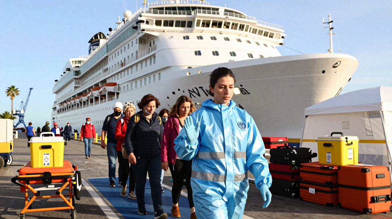 Funcionária em equipamento de proteção conduz passageiros a desembarcar de navio de cruzeiro no porto.