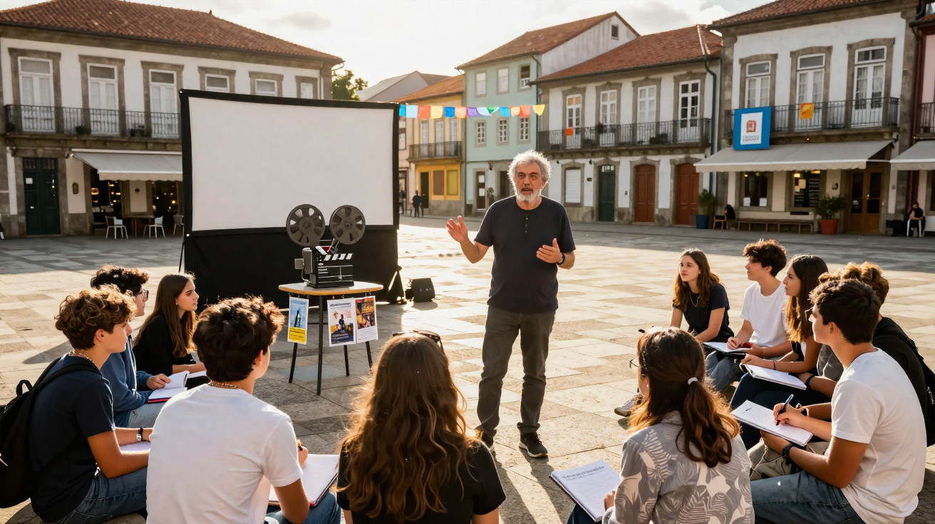 Homem idoso ensina grupo de jovens ao ar livre numa praça com equipamentos de cinema retro.