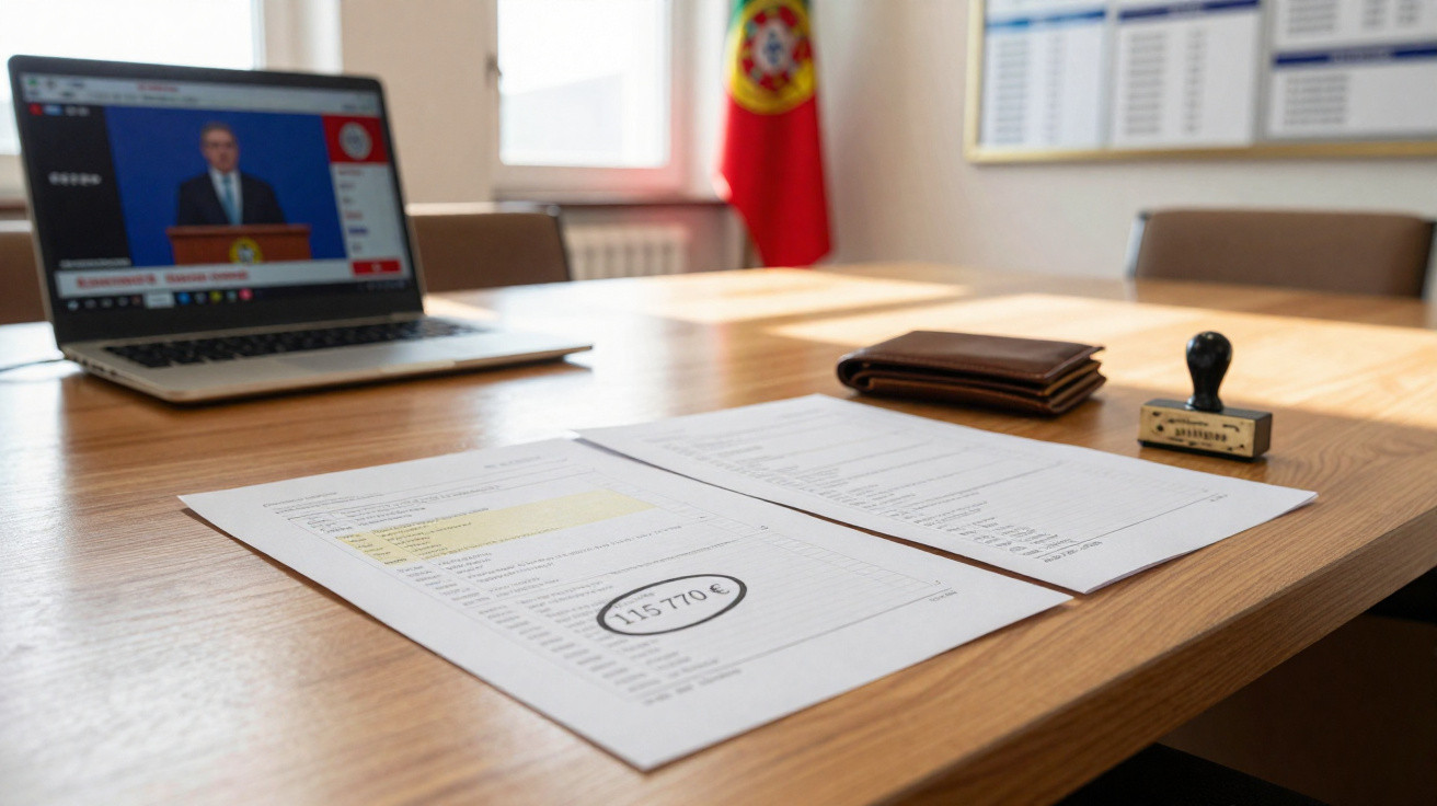 Documentos com valor de 115 770 euros numa mesa de madeira com portátil e bandeira de Portugal ao fundo.