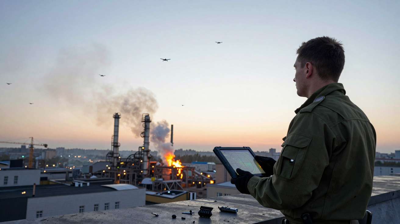 Militar com tablet observa incêndio numa fábrica ao pôr do sol, com aviões no céu.