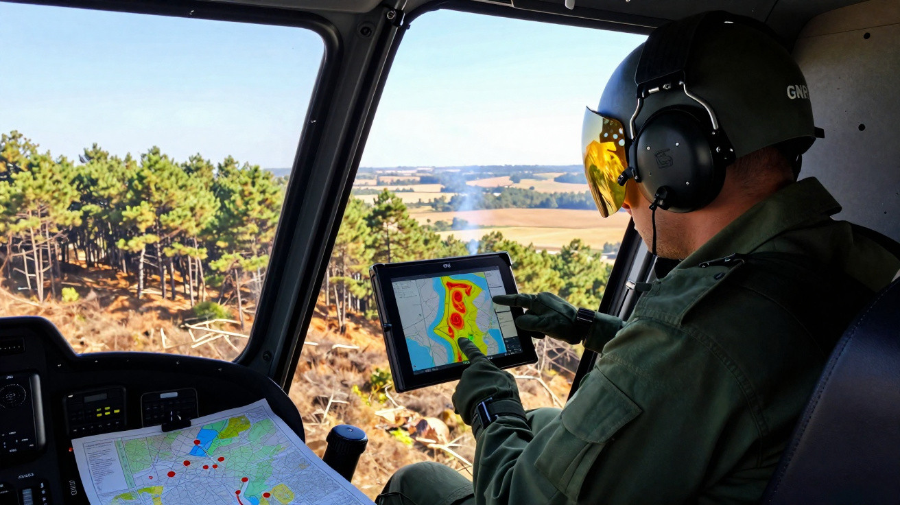 Militar num helicóptero a analisar um mapa digital térmico, com floresta e campos visíveis ao fundo.