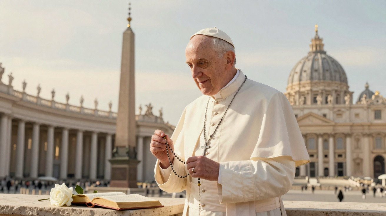 O Papa Francisco segura um terço em frente à Basílica de São Pedro, no Vaticano, com um livro aberto e uma rosa branca.