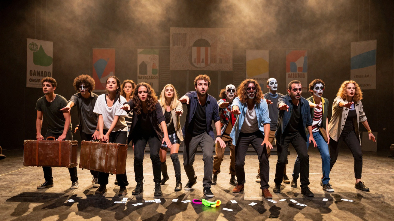 Grupo de atores em cena teatral, alguns com malas e outros com rosto pintado, sob iluminação cénica e fumo.