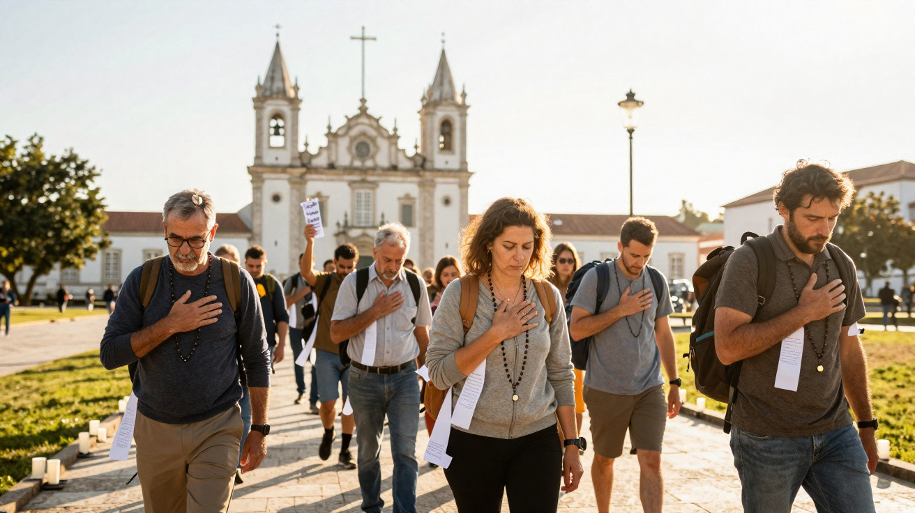 Grupo de pessoas em passeio religioso, de mão no peito, diante de igreja histórica ao pôr do sol.