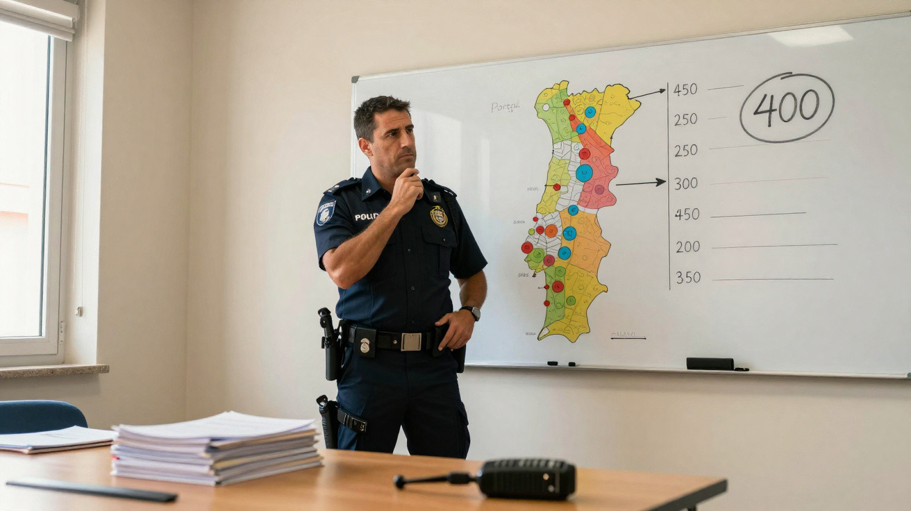Polícia em uniforme a pensar diante de mapa de Portugal num quadro branco numa sala de reunião.