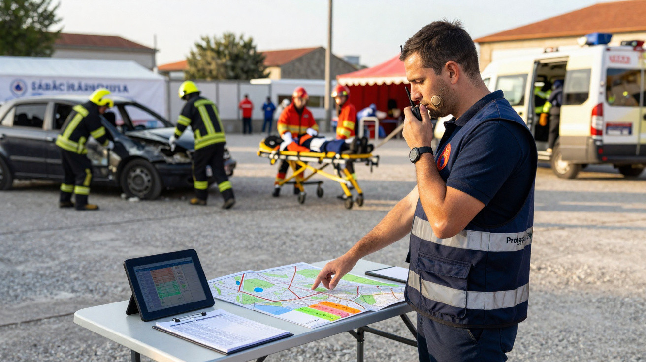 Homem em colete de proteção usa rádio e aponta para mapa numa mesa, enquanto socorristas e bombeiros atendem acidente.