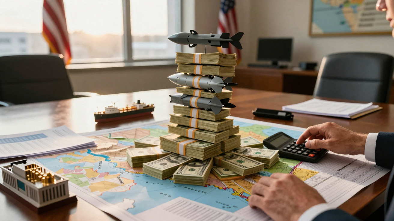 Mesa de escritório com maquetes de mísseis, dinheiro empilhado e mapa geográfico, mãos usando calculadora.